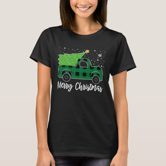 Merry Christmas Green Buffalo Plaid Truck Tree Men Tシャツ (正面)