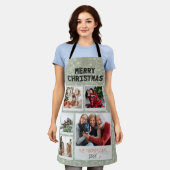 Merry Christmas Green Doodles 5 Photo Family Gift エプロン (着用した状態)