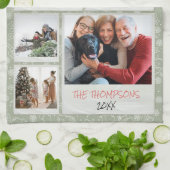 Merry Christmas Green Doodles 5 Photo Family Gift キッチンタオル (折り畳み)