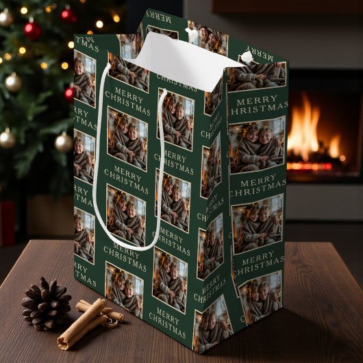 Merry Christmas Green Photo Holiday ミディアムペーパーバッグ