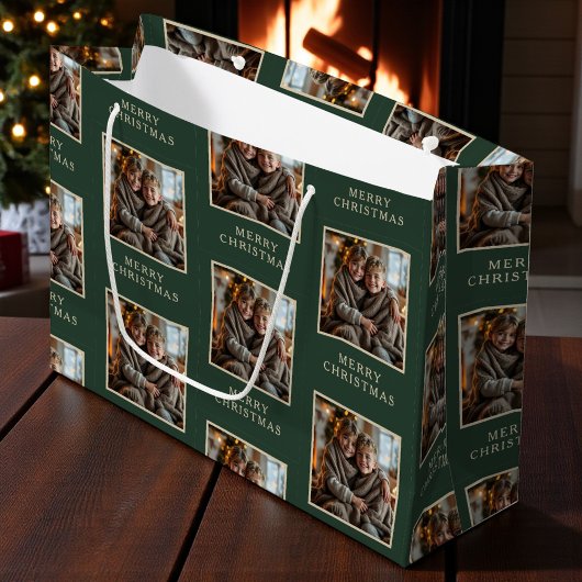 Merry Christmas Green Photo Holiday ラージペーパーバッグ