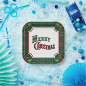 Merry Christmas Green Plaid with Holly ペーパープレート (パーティー)