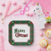 Merry Christmas Green Plaid with Holly ペーパープレート (パーティー)