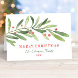 Merry Christmas Green Red Winter Greenery シーズンカード<br><div class="desc">This stylish "Merry Christmas" holiday card features a modern and minimal green watercolor winter branch with red berry accents. The elegant text can be completely personalized with your choice of greeting,  family name,  year,  and a custom message inside the card.</div>