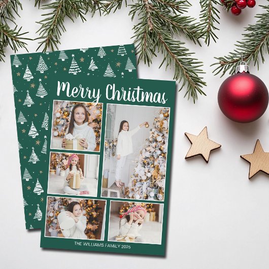 Merry Christmas Green Trees Family Photo Collage シーズンカード