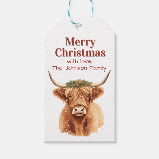 Merry Christmas Greenery Highland Miniature Cow ギフトタグ (正面)