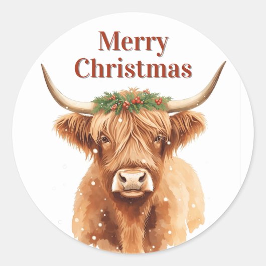 Merry Christmas Greenery Highland Miniature Cow ラウンドシール (正面)