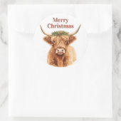 Merry Christmas Greenery Highland Miniature Cow ラウンドシール (バッグ)