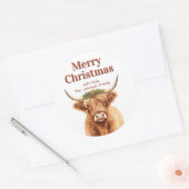 Merry Christmas Greenery Highland Miniature Cow ラウンドシール (封筒)