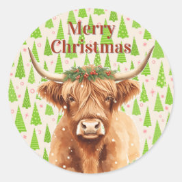 Merry Christmas Greenery Highland Miniature Cow ラウンドシール