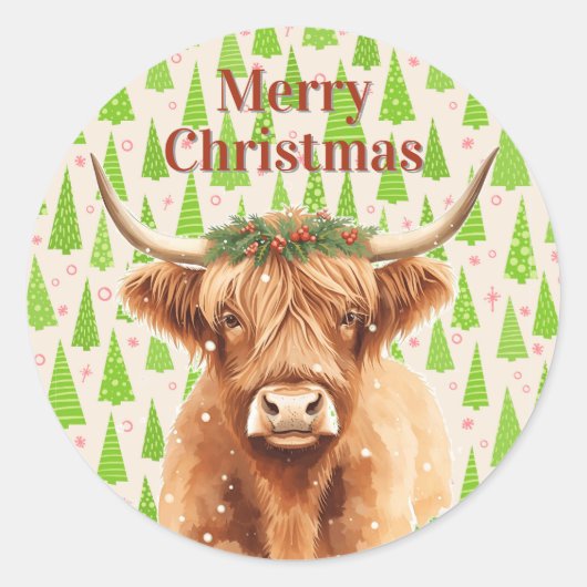 Merry Christmas Greenery Highland Miniature Cow ラウンドシール (正面)
