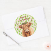 Merry Christmas Greenery Highland Miniature Cow ラウンドシール (封筒)