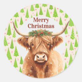 Merry Christmas Greenery Highland Miniature Cow ラウンドシール
