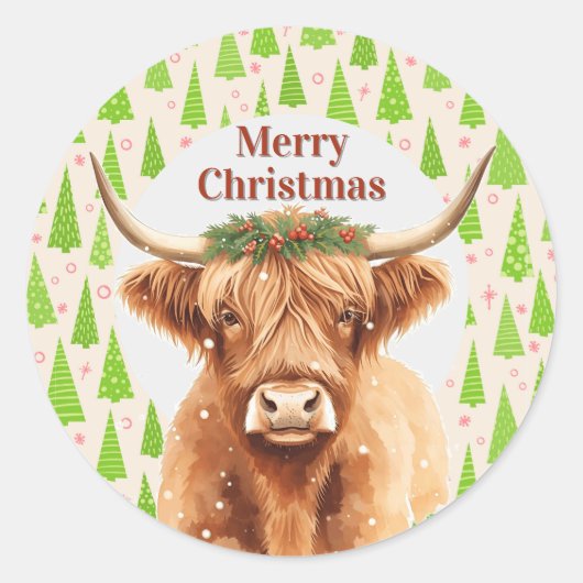 Merry Christmas Greenery Highland Miniature Cow ラウンドシール (正面)