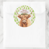 Merry Christmas Greenery Highland Miniature Cow ラウンドシール (バッグ)