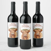 Merry Christmas Greenery Highland Miniature Cow ワインラベル (ボトル)