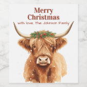 Merry Christmas Greenery Highland Miniature Cow ワインラベル (シングルラベル)