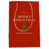 Merry Christmas greeting with tree on red custom ミディアムペーパーバッグ (正面)