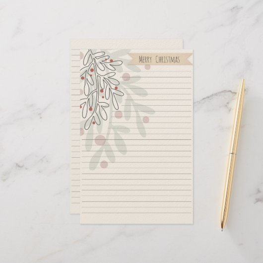 Merry Christmas hand drawn floral mistletoe 便箋 (正面/裏面インサイチュ)