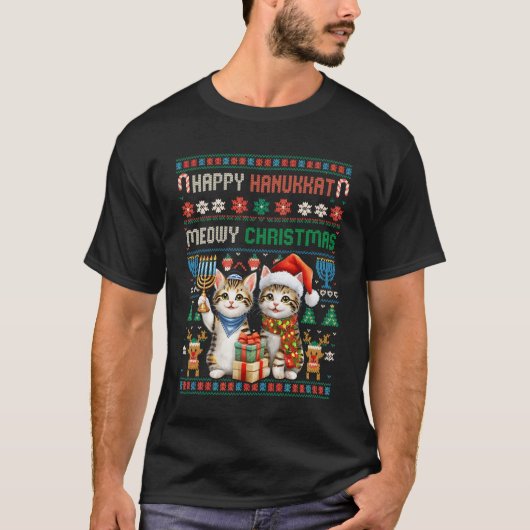 Merry Christmas Happy Hanukkah Cat Hanukkat Jewish Tシャツ (正面)