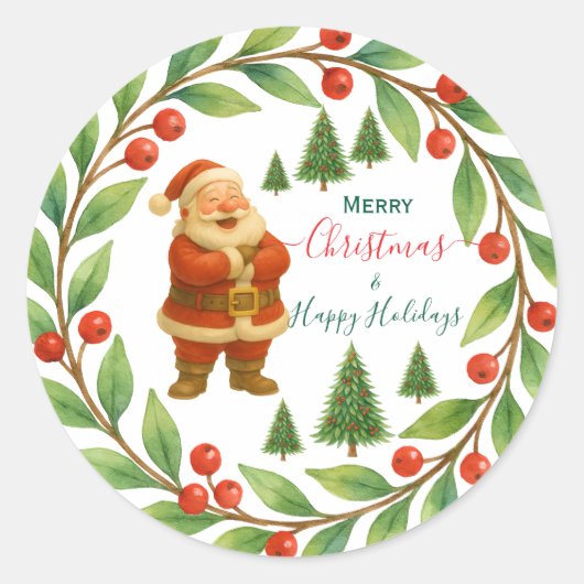 Merry Christmas & Happy Holidays Santa Wreath Art ラウンドシール (正面)