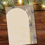 Merry Christmas Happy New Year Forest Stag 箔シーズンカード<br><div class="desc">Luxury foil holiday card with typographic design framed with a modern arch in gold foil. The background pattern features solid and outline silhouettes of forest stag. wishing you a merry christmas and a happy new year is lettered in handwritten script calligraphy and modern lettering. The template is ready for you...</div>