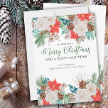 Merry Christmas Happy New Year Poinsettia and Pine シーズンカード<br><div class="desc">Personalized holiday card with poinsettia, pine cones, white roses, winter berries, cotton, eucalyptus and sprigs of fir. The wording reads "we wish you a merry christmas and a happy new year" and you can edit this to suit a single person if required. Merry Christmas is handwritten and the template is...</div>