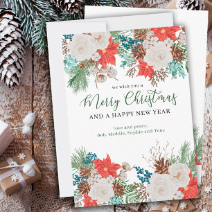 Merry Christmas Happy New Year Poinsettia and Pine シーズンカード