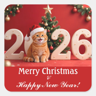 Merry Christmas & Happy New Year, Red Santa Cat スクエアシール