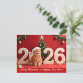 Merry Christmas & Happy New Year, Red Santa Cat ポストカード (スタンド正面)