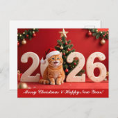 Merry Christmas & Happy New Year, Red Santa Cat ポストカード (正面/裏面)