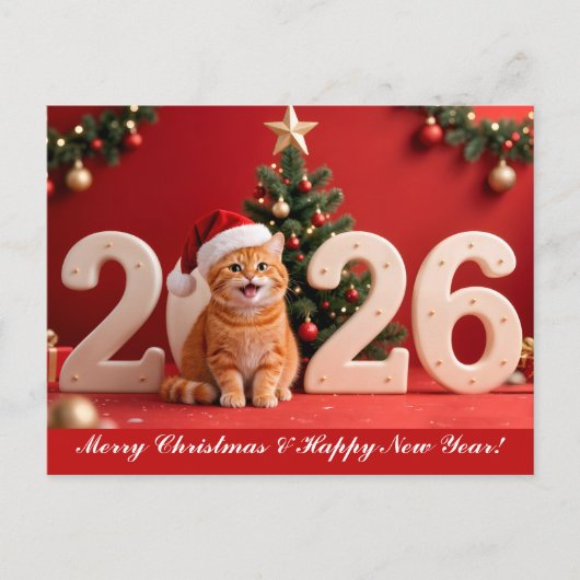 Merry Christmas & Happy New Year, Red Santa Cat ポストカード (正面)
