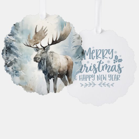 Merry Christmas Happy New Year Woodland Moose オーナメントカード (正面/裏面)