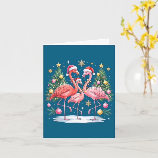 Merry Christmas Hat Santa Flamingo Light Christmas カード (黄色い花)