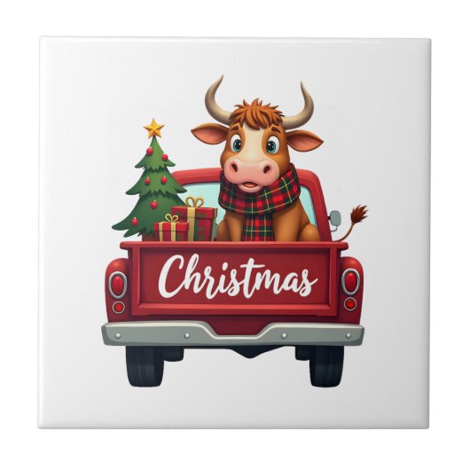 Merry Christmas Highland Cow Christmas Tree Red Tr タイル (正面)