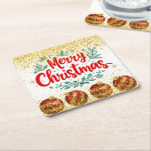 Merry Christmas Holiday Party Glitter スクエアペーパーコースター (アングル)