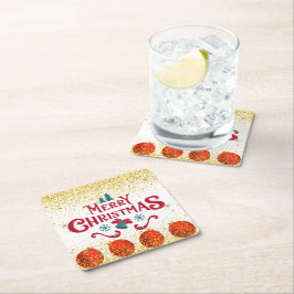 Merry Christmas Holiday Party Glitter スクエアペーパーコースター
