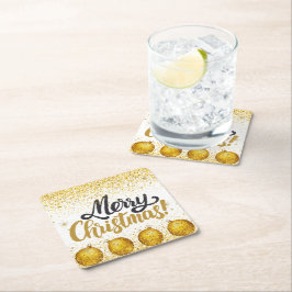 Merry Christmas Holiday Party Glitter スクエアペーパーコースター