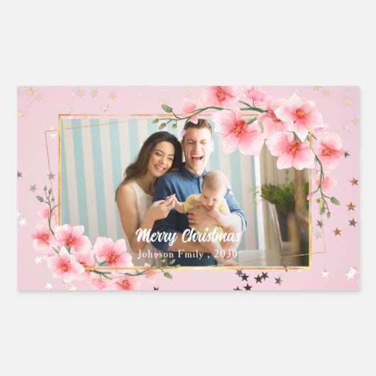 Merry Christmas Holiday Photo Classic pink floral  長方形シール (正面)