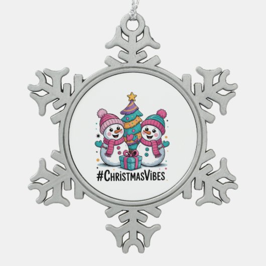 Merry Christmas Holiday Vibes スノーフレークピューターオーナメント (正面)