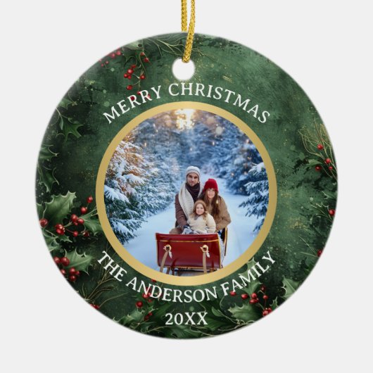 Merry Christmas Holly and Berries Family Ceramic  セラミックオーナメント (正面)