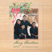 Merry Christmas Holly and Berry Greenery Photo アクリル招待状 (正面)