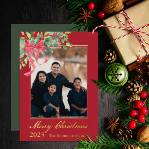 Merry Christmas Holly and Berry Greenery Photo 箔シーズンカード