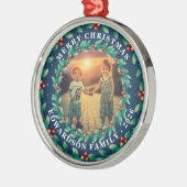 Merry Christmas holly berries family photo メタルオーナメント (左)