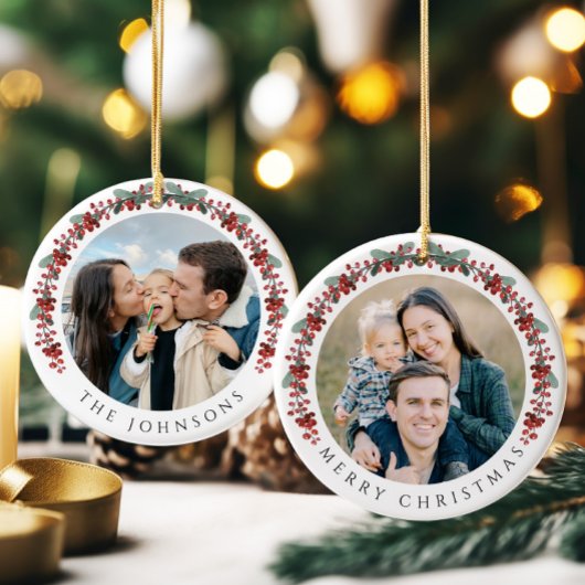 Merry Christmas Holly Botanical Photo セラミックオーナメント