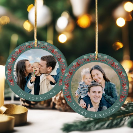 Merry Christmas Holly Botanical Photo セラミックオーナメント