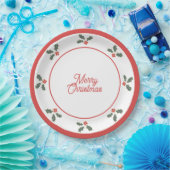 Merry Christmas Holly Plate Red and White ペーパープレート (パーティー)