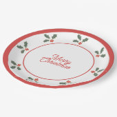 Merry Christmas Holly Plate Red and White ペーパープレート (アングル)