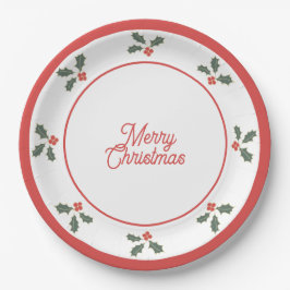 Merry Christmas Holly Plate Red and White ペーパープレート