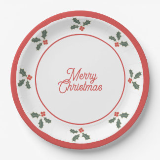Merry Christmas Holly Plate Red and White ペーパープレート